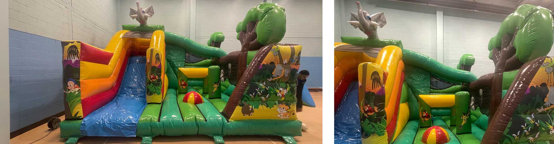 Inflatable with slide and inflatable goal in sports hall